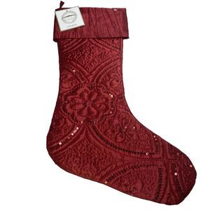 NWT Domain Christmas Stocking Red Ruby Sequin Shimmer Floral Swirls Crinkle Cuff